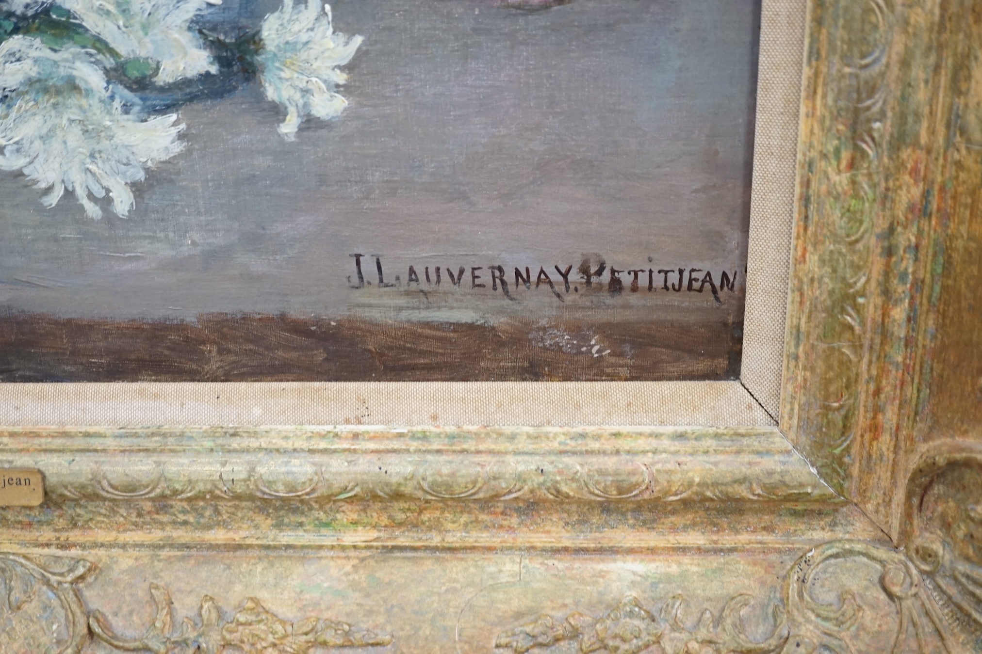 Jeanne Lauvernay-Petitjean (French, 1875-1955), oil on canvas, Still life of flowers in a jug, signed, 71 x 52cm, ornately framed with Richmond Gallery exhibition catalogue. Condition - good